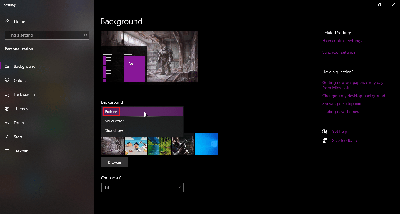 haga clic en el menú desplegable de fondo y seleccione la imagen