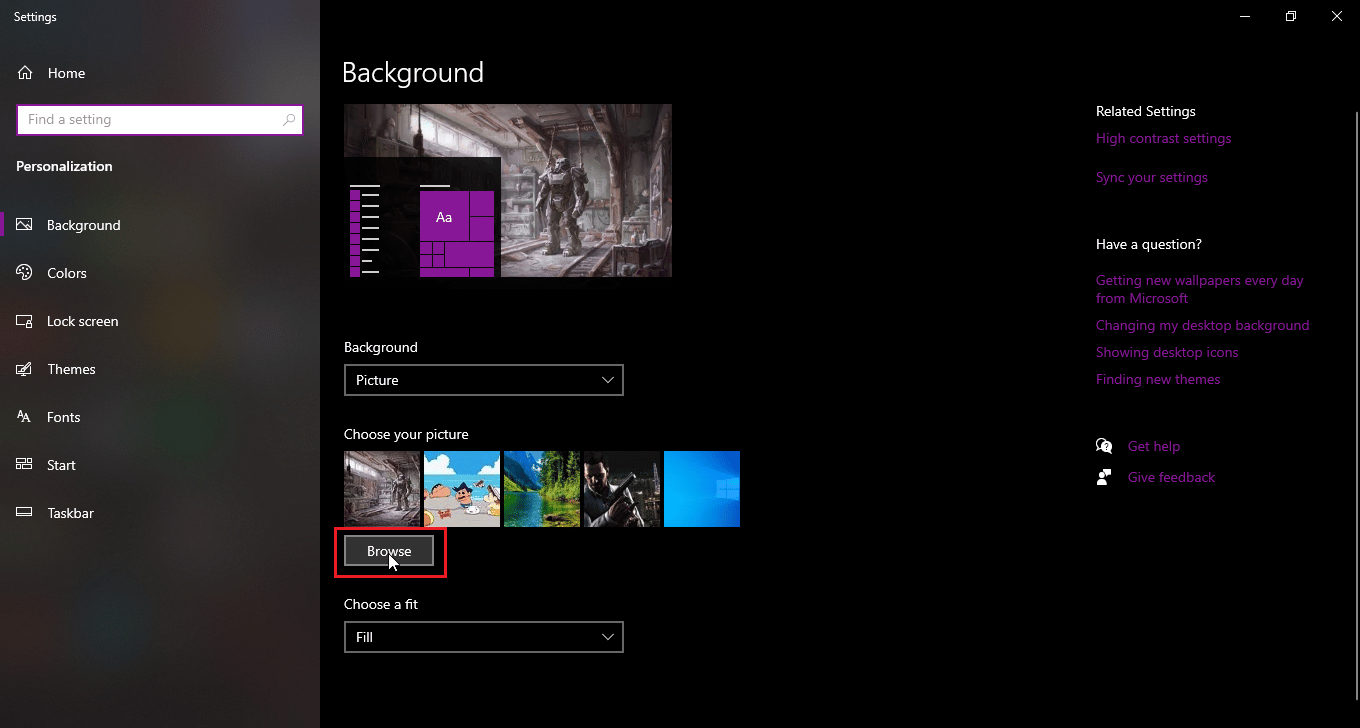 haga clic en examinar para buscar un fondo de pantalla.  Cómo cambiar el nombre del archivo en el directorio de destino
