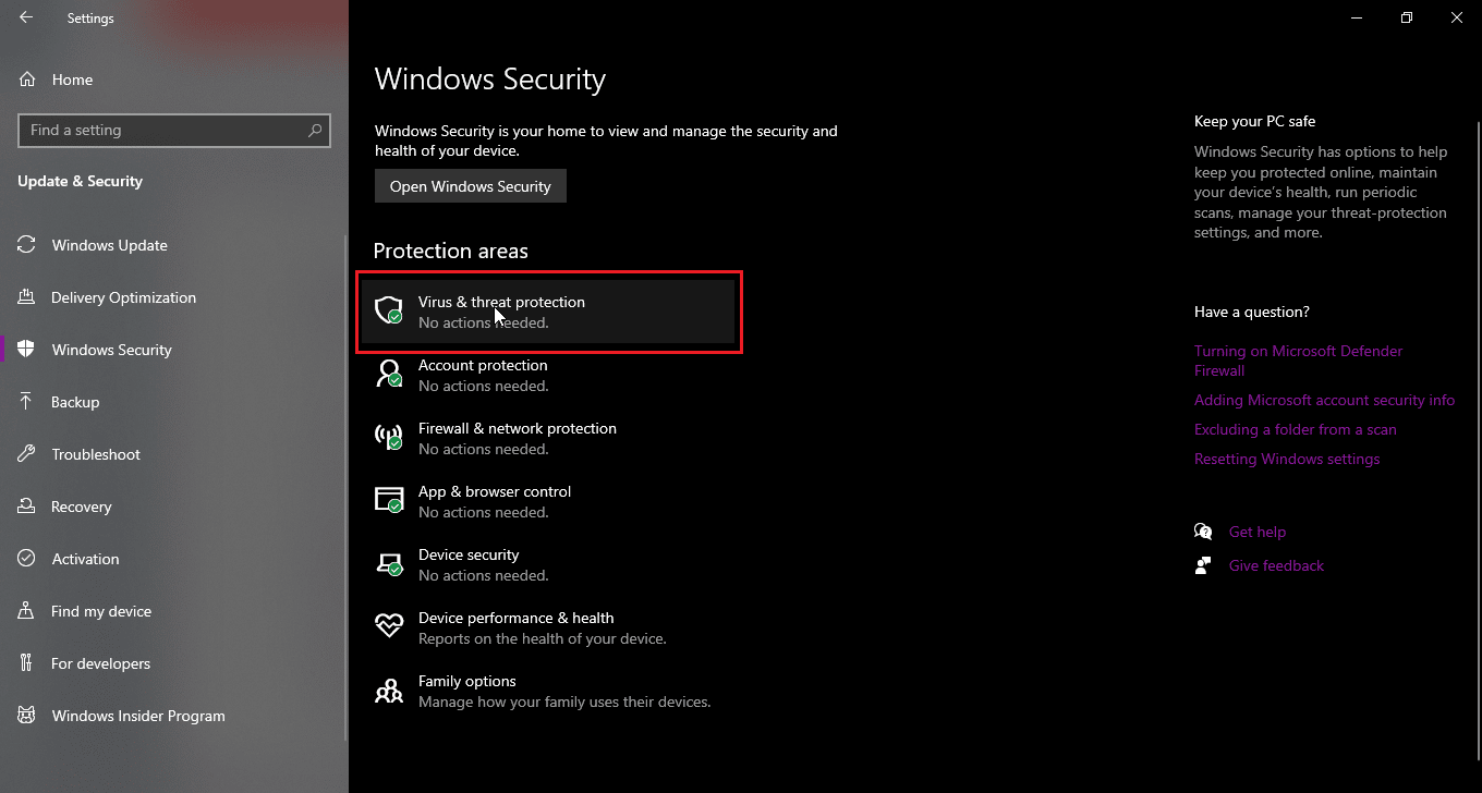 haga clic en protección contra virus y amenazas.  Cómo cambiar el nombre del archivo en el directorio de destino