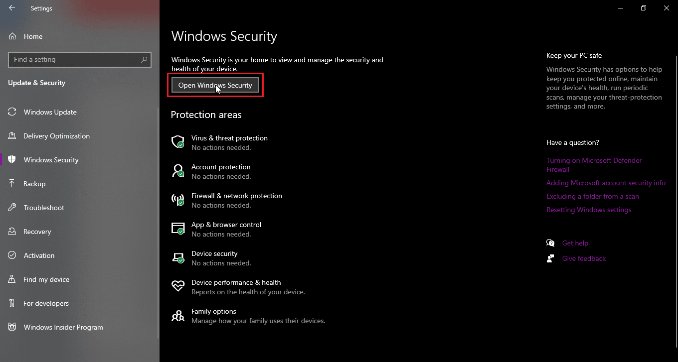 haga clic en abrir seguridad de windows