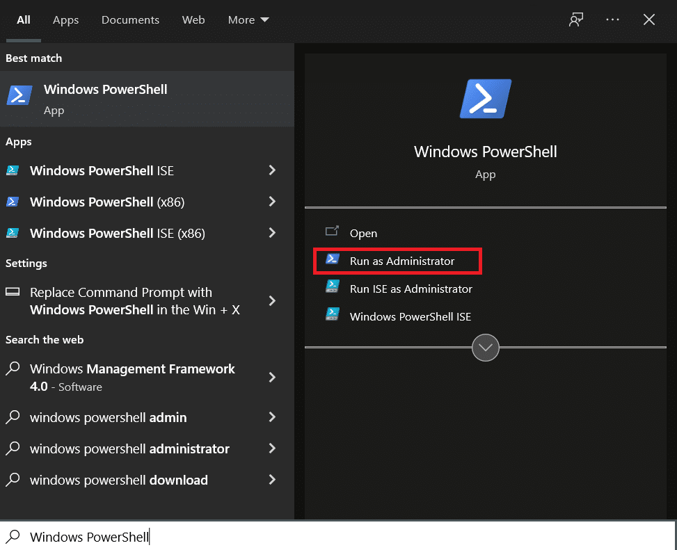 Windows PowerShell en el menú de búsqueda