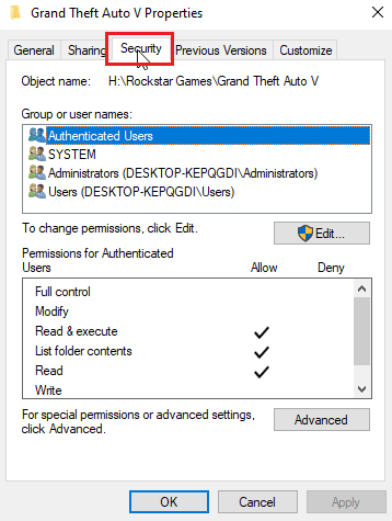 navegar a la pestaña de seguridad