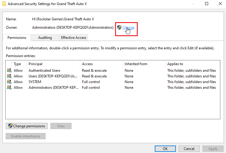 haga clic en cambiar enlace cerca del propietario 
