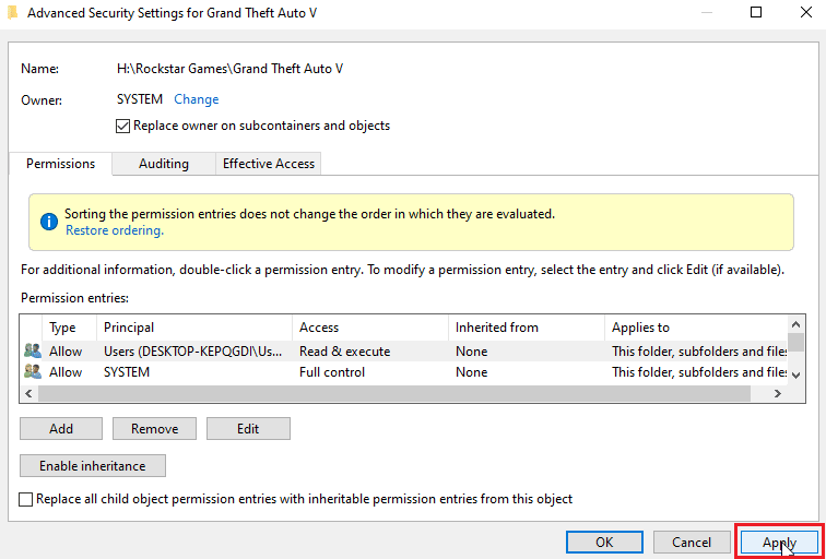 haga clic en aplicar para aplicar la configuración de propiedad