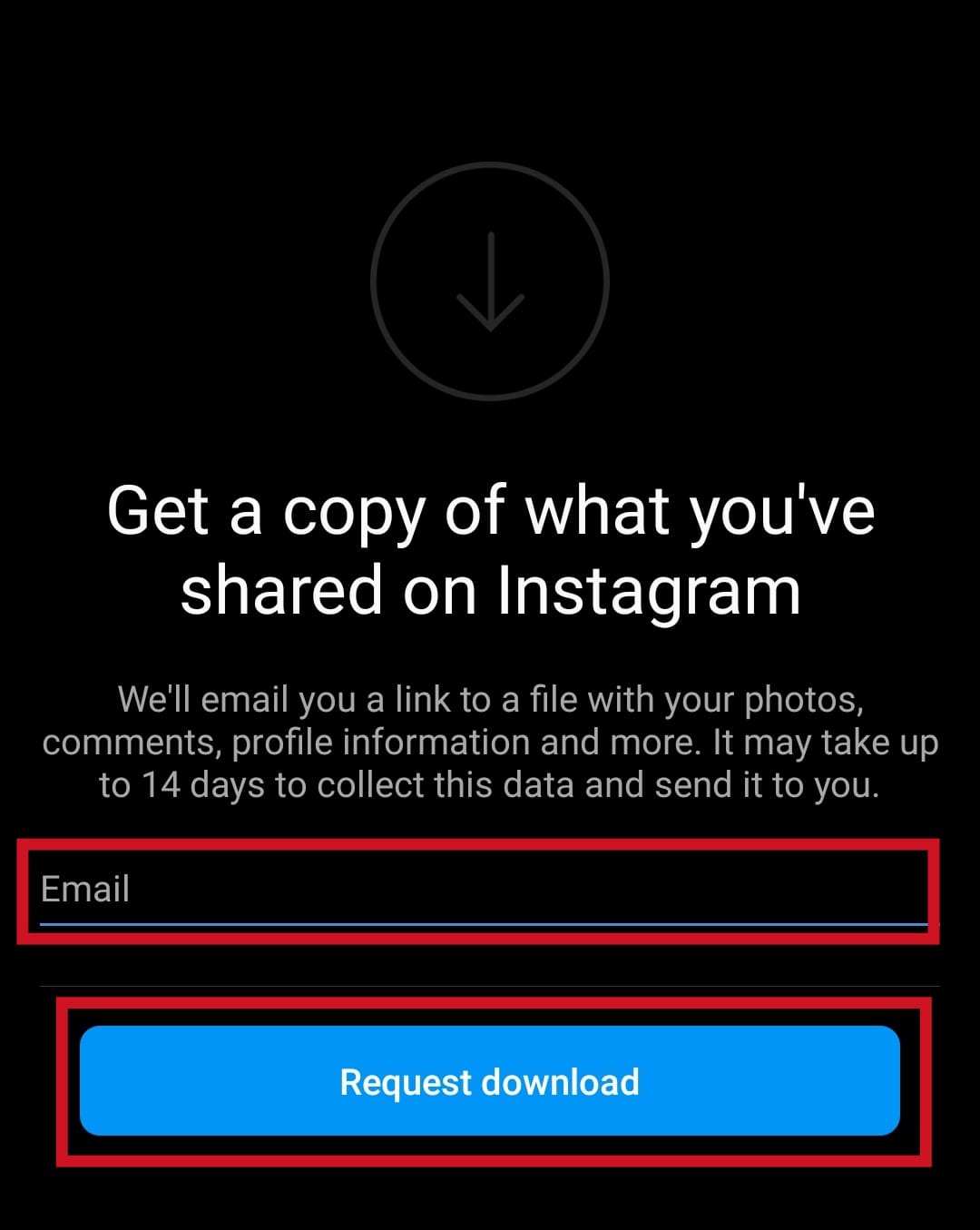Ingrese la dirección de correo electrónico con la que desea que se compartan sus datos de Instagram y toque el botón Solicitar descarga |  Cómo encontrar publicaciones antiguas de Instagram