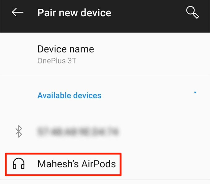 AirPod en la pantalla Emparejar nuevo dispositivo