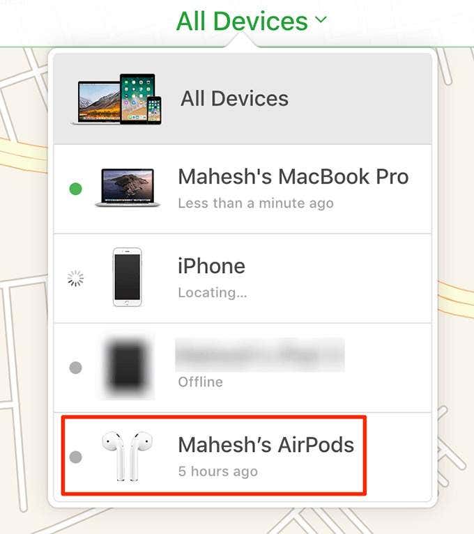 AirPods en el menú Todos los dispositivos