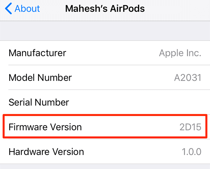 Versión de firmware en AirPods