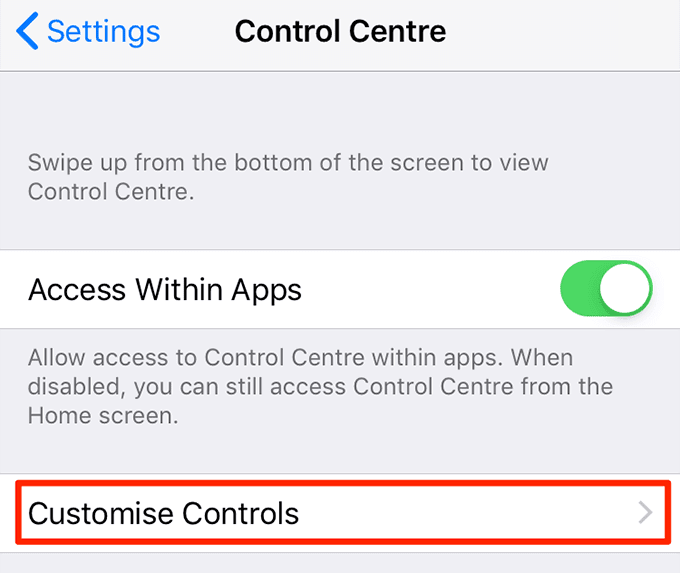 Opción Personalizar controles en el Centro de control