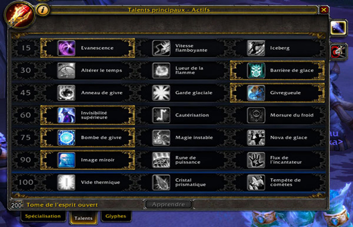 Página de talentos hasta el nivel 100 de mago