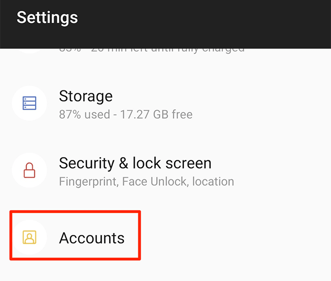 Cuentas en la ventana Configuración