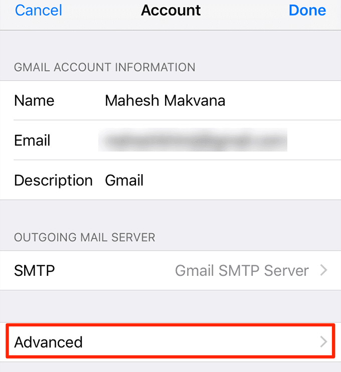 Menú avanzado en Cuenta