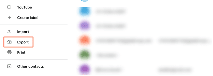 Botón Exportar en el sitio web de Contactos de Google