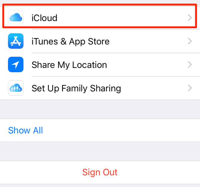 Opción iCloud en el menú Configuración