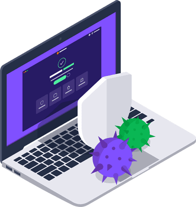 Ilustración de una computadora portátil Mac con un escudo que bloquea los virus