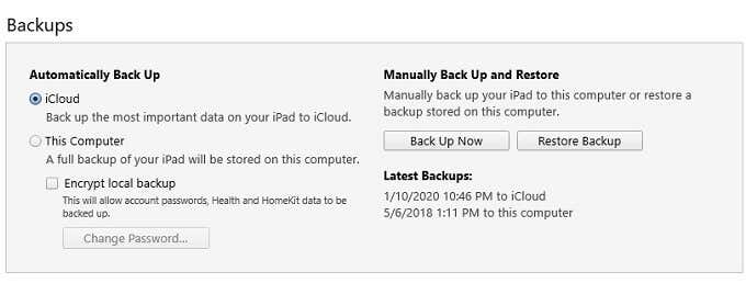 Copia de seguridad automática en iCloud en la ventana Copias de seguridad