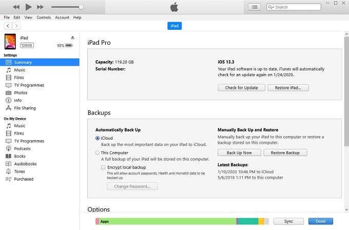 iPad conectado a iTunes