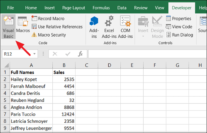 haz clic en el botón 'Visual Basic'