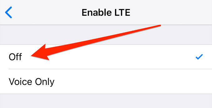 Opción de apagado en el menú Habilitar LTE
