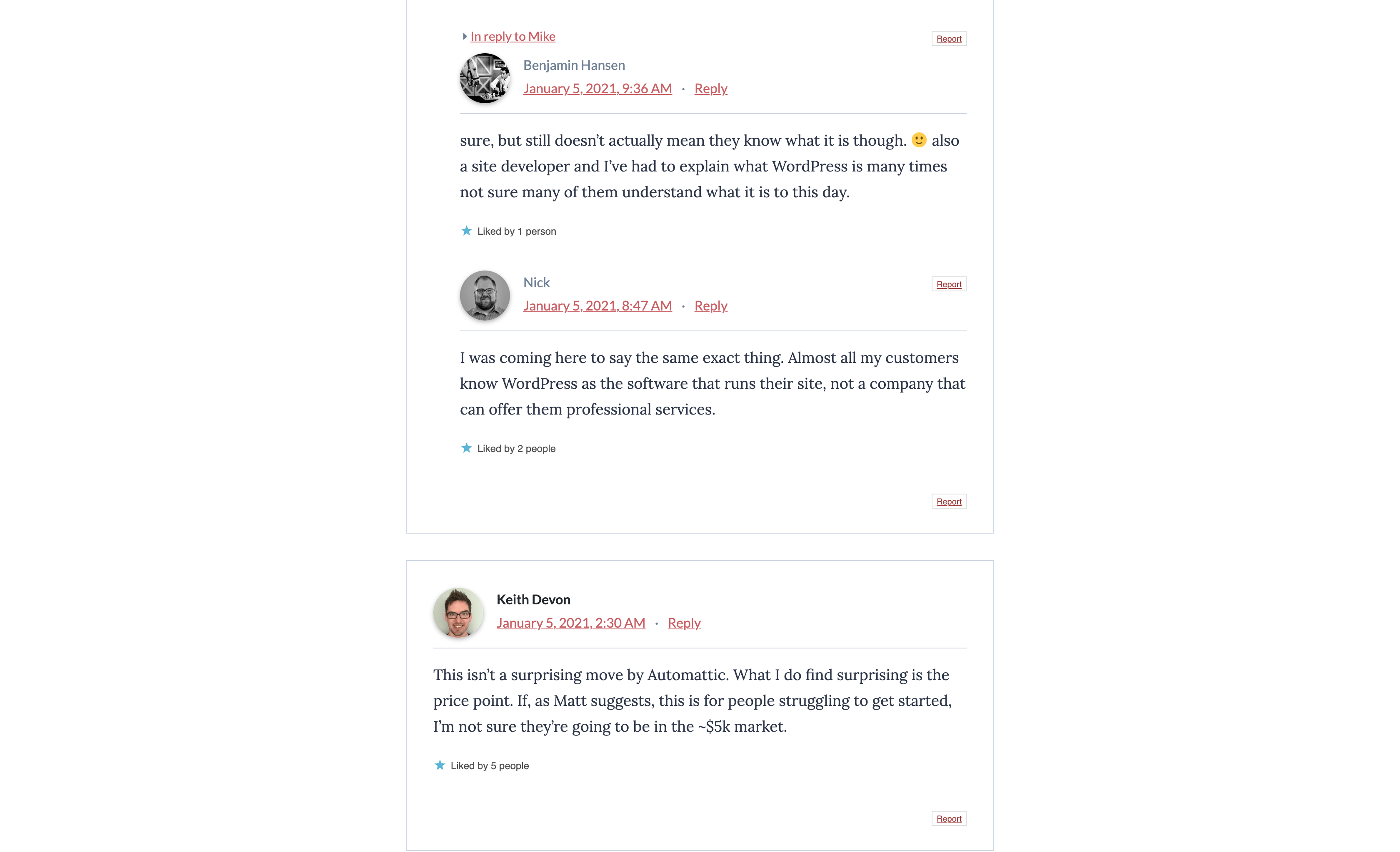 Sección de comentarios de WPTavern.