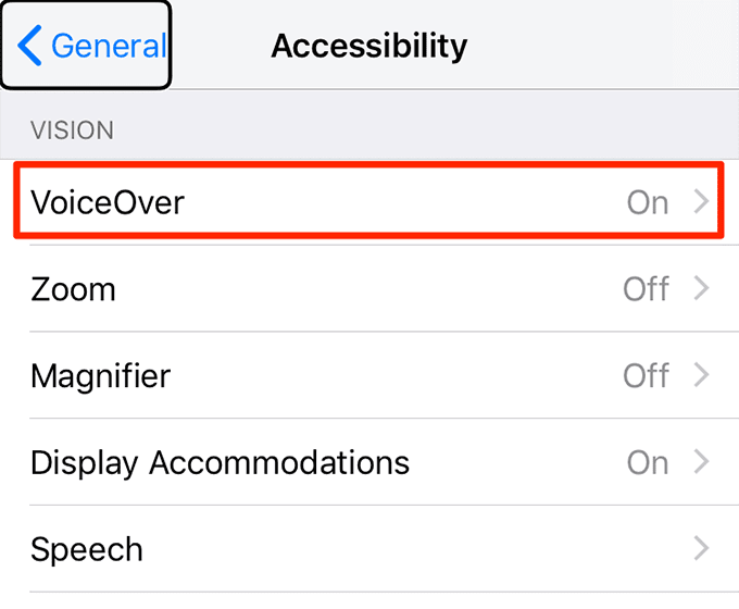 Opción VoiceOver en la ventana Accesibilidad