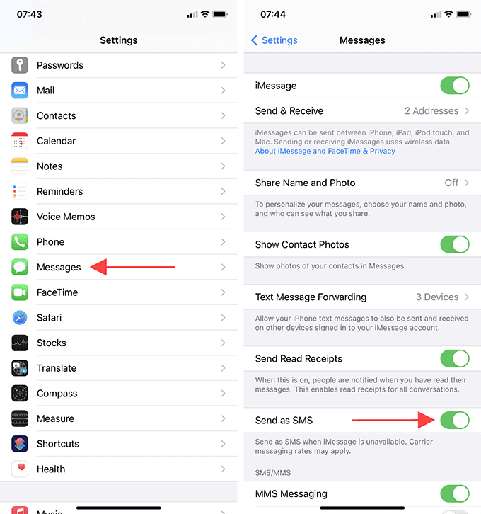 Mensajes > Cambiar Enviar como SMS