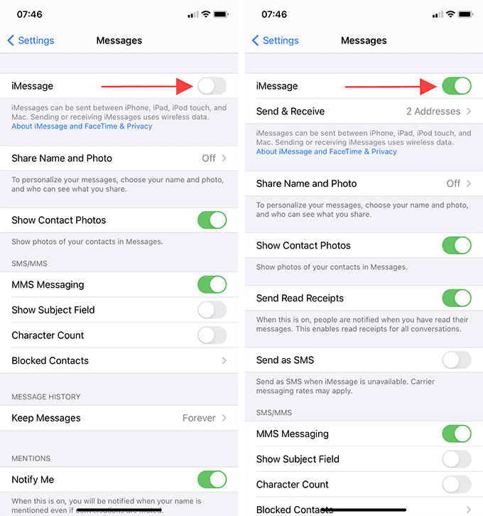 Interruptor de iMessage apagado y encendido