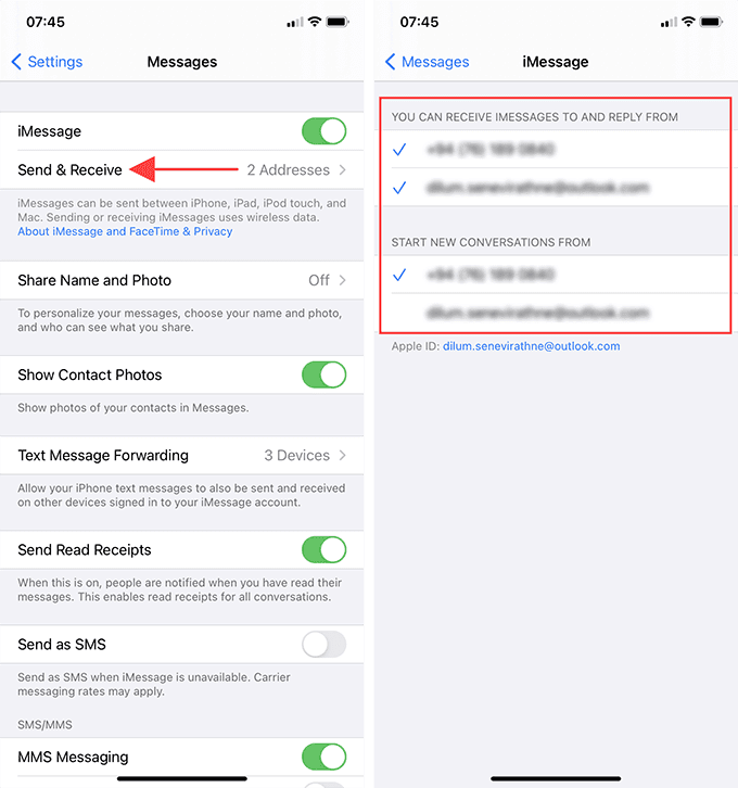 Mensajes > Enviar y recibir con números y direcciones de correo electrónico con los que puede usar iMessage