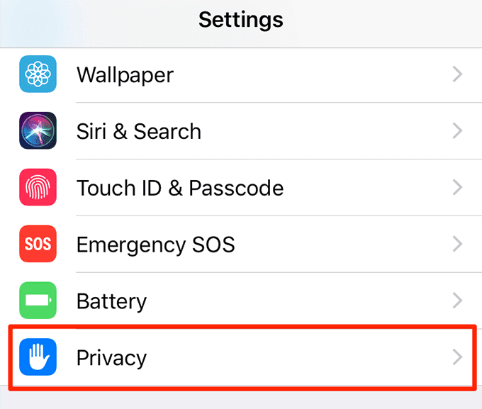 Menú de privacidad en la ventana Configuración