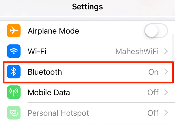 Menú de Bluetooth en Configuración