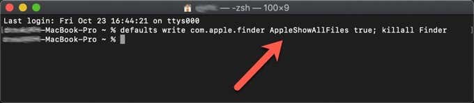 Ventana de terminal con cadena: el valor predeterminado es com.apple.finder AppleShowAllFiles verdadero;  Buscador mortal.
