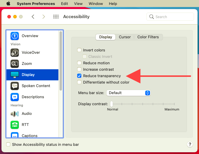 Reducir la transparencia en Accesibilidad > Pantalla