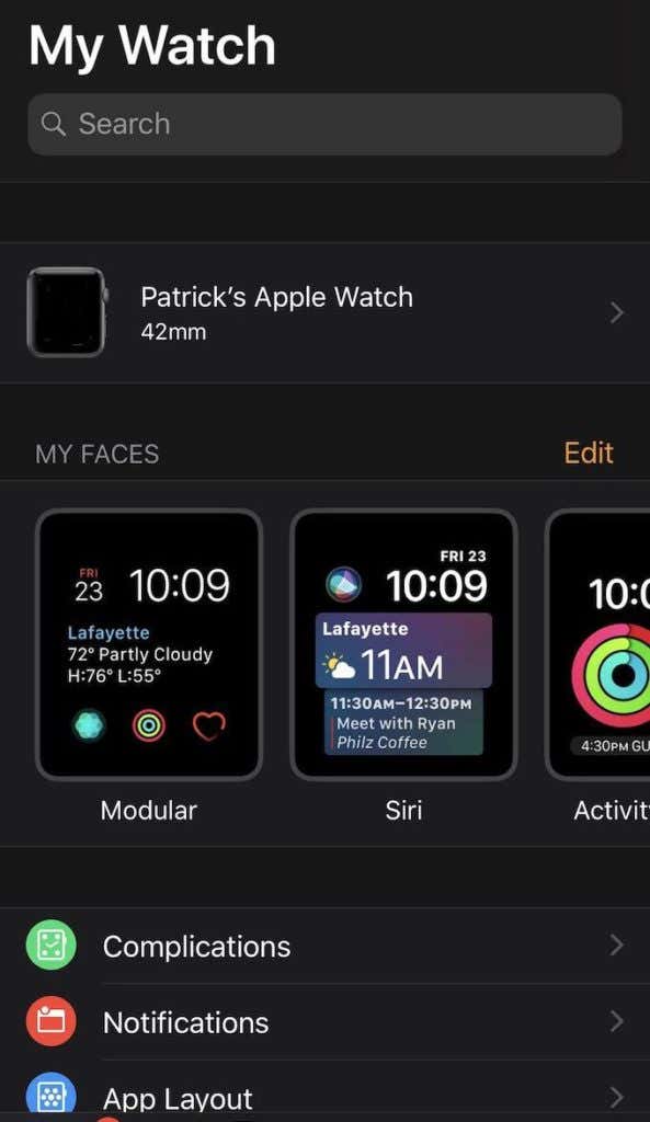 Ventana de configuración de mi reloj en el iPhone