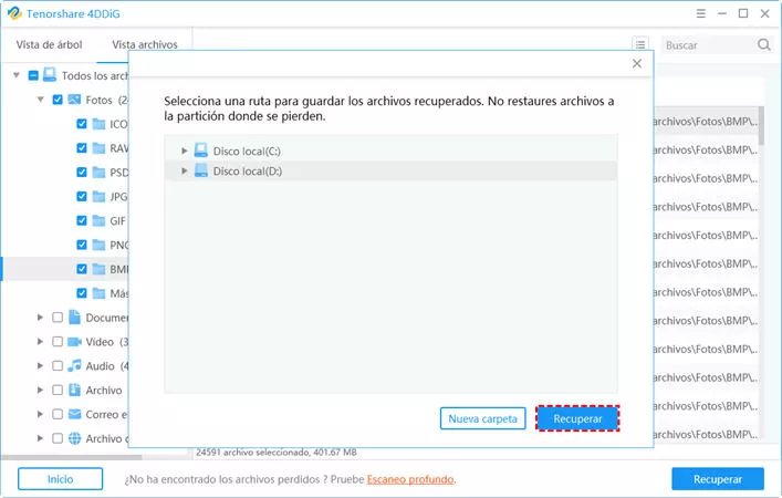 Seleccione la ruta de destino