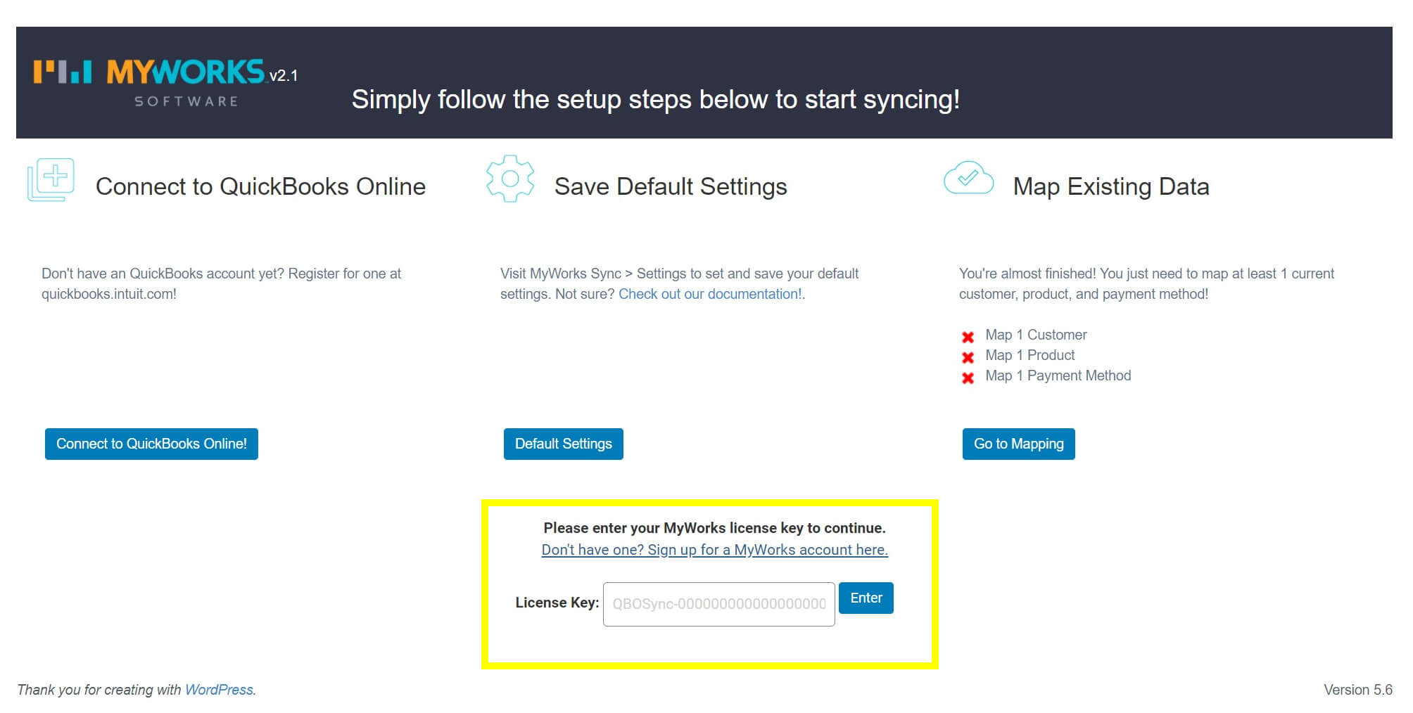 El campo de clave de licencia para el complemento WooCommerce Sync for QuickBooks.