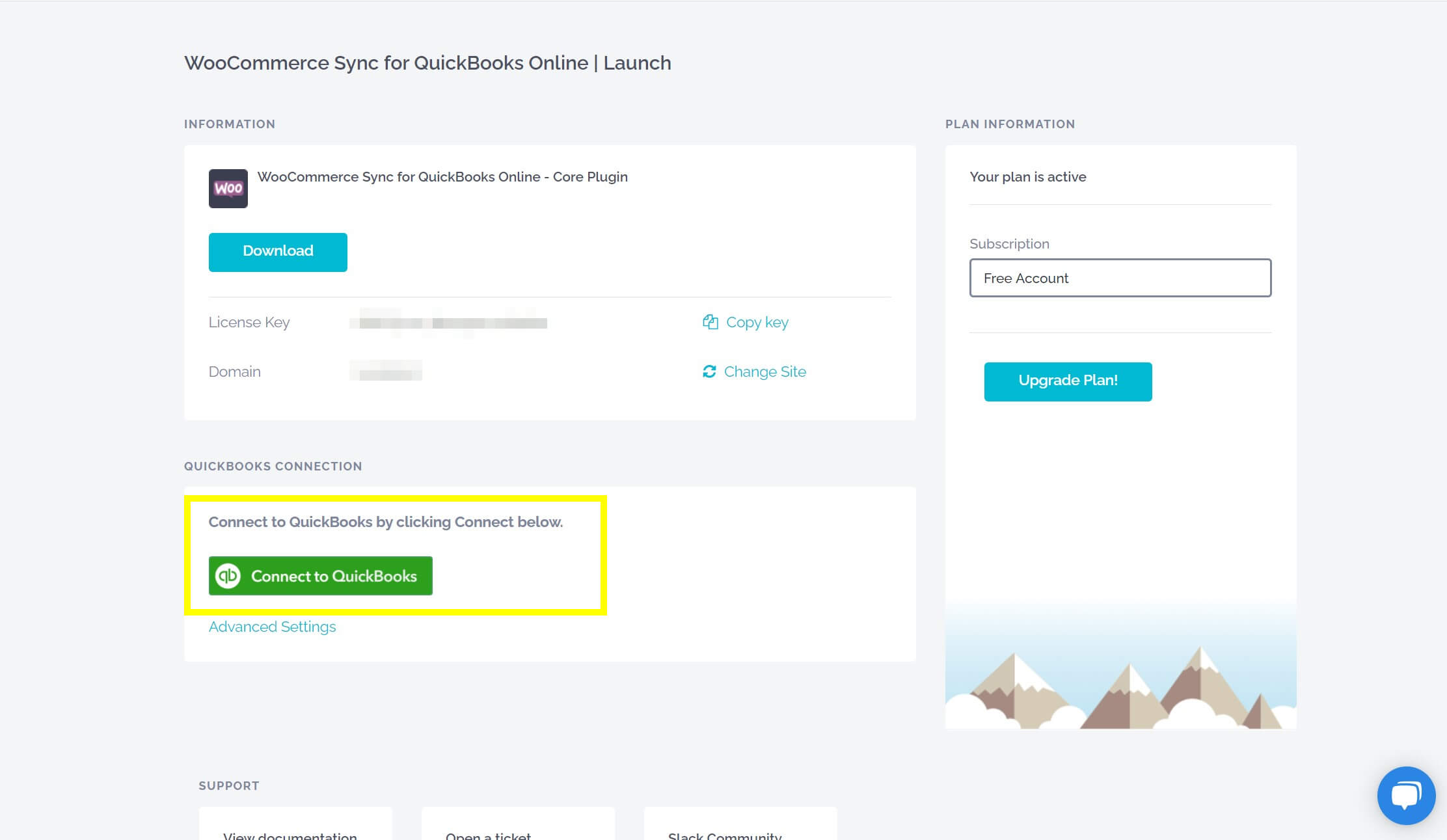 Botón para conectar el enchufe de WooCommerce a QuickBooks.