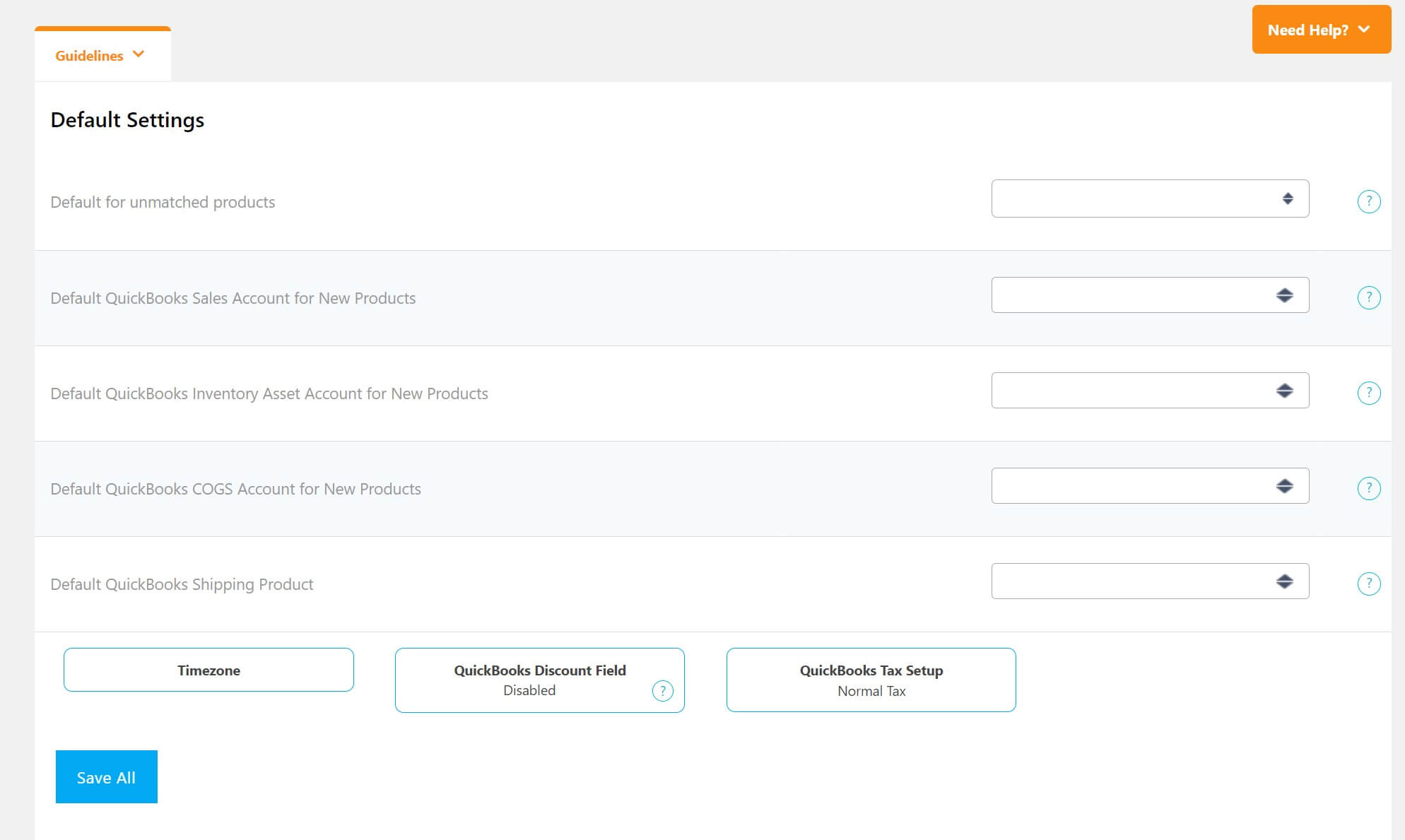 Sincronización predeterminada de WooCommerce para la configuración del complemento QuickBooks.