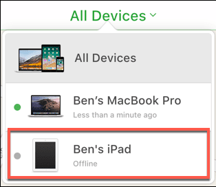 iPad de Ben en el menú Todos los dispositivos