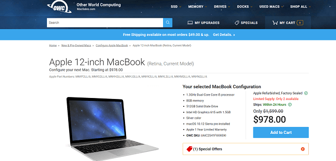 MacBook reacondicionado en el sitio web de Other World Computing