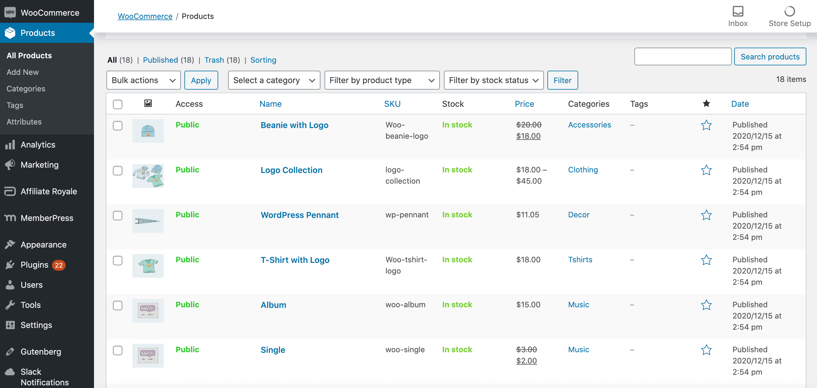 Lista de productos en la tienda WooCommerce.