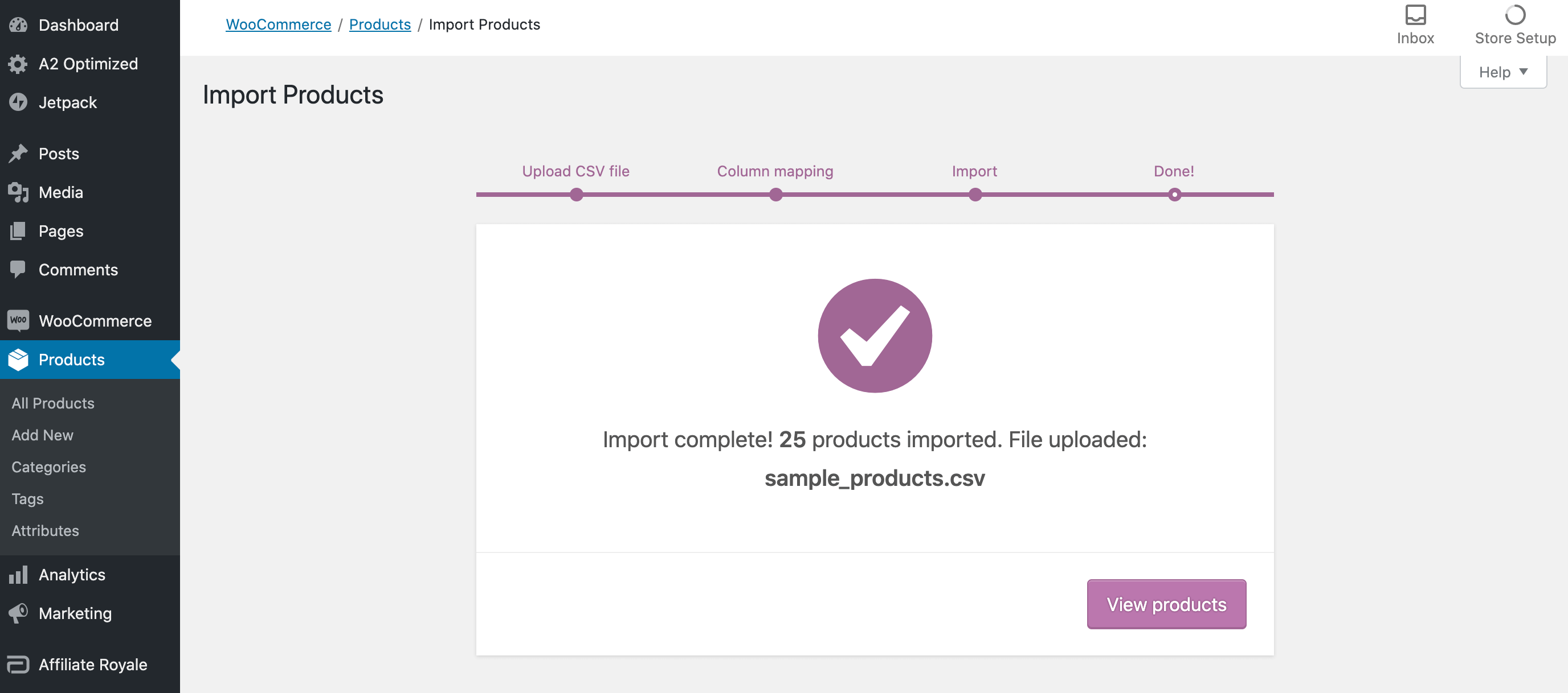 Mensaje de éxito de importación CSV de WooCommerce.