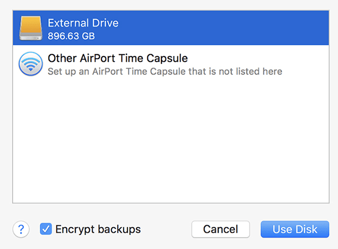 Unidad externa seleccionada y botón Usar disco