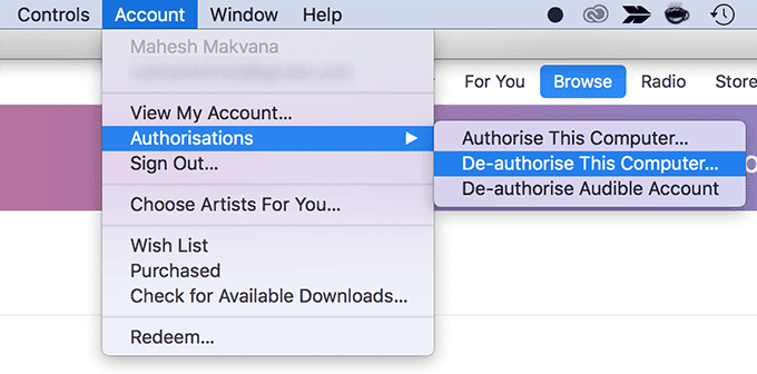 Submenú Desautorizar esta computadora