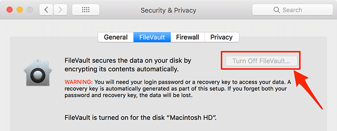 Desactivar FileVault en Seguridad y privacidad