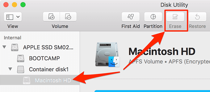Botón Borrar y Macintosh HD seleccionado en la Utilidad de Discos