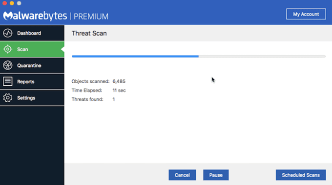 Ventana de análisis de Malwarebytes