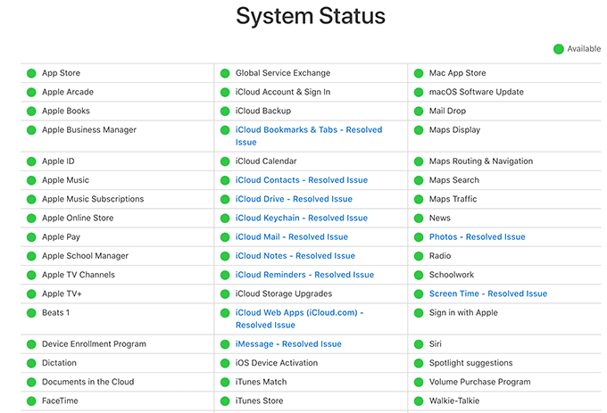 Página de estado del servidor en el sitio web de Apple