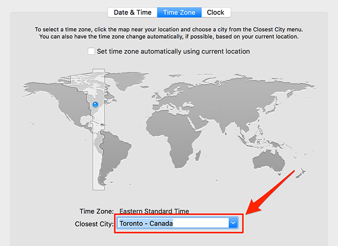 Ficha Zona horaria con el menú Ciudad más cercana