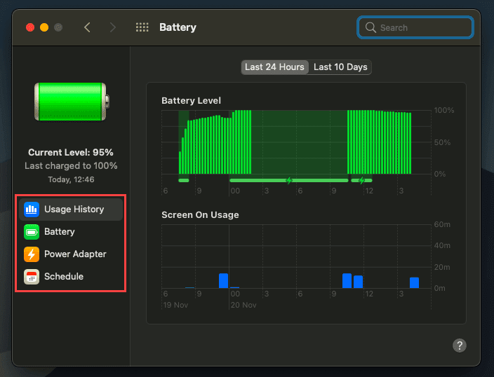Historial de uso de la batería en la configuración de la batería