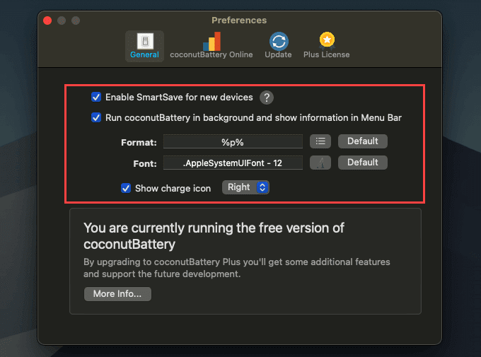 Configuración de preferencias en la batería de coco